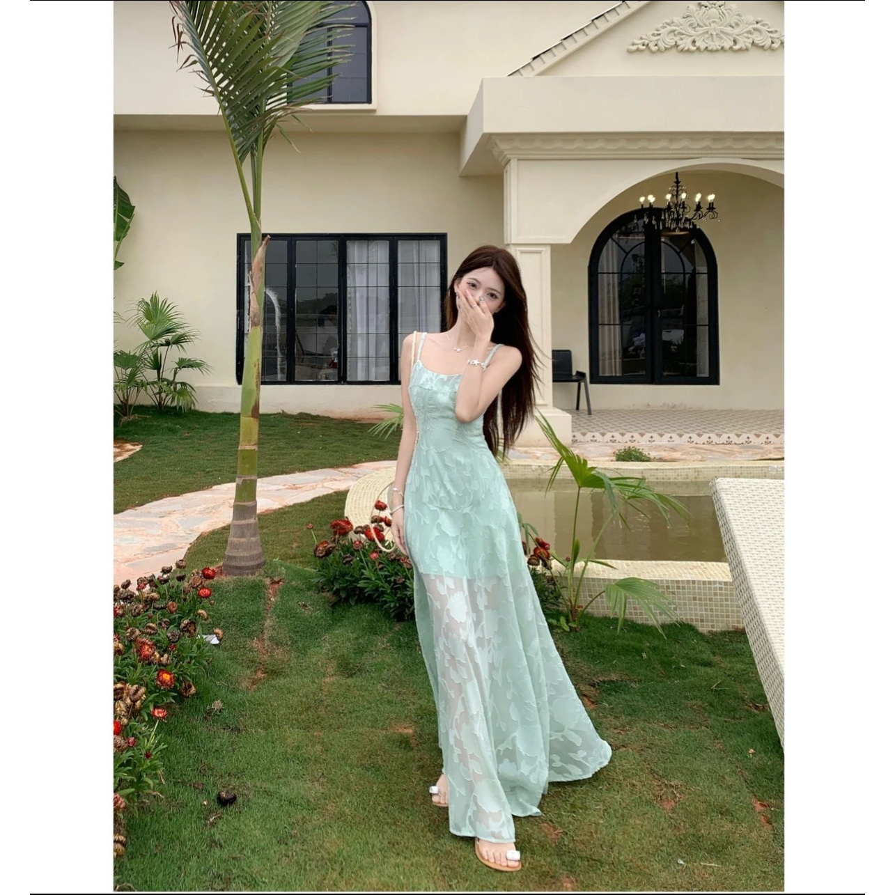 【薄荷疏影】春夏镂空肌理感提花大摆吊带修身连衣长裙甜美少女