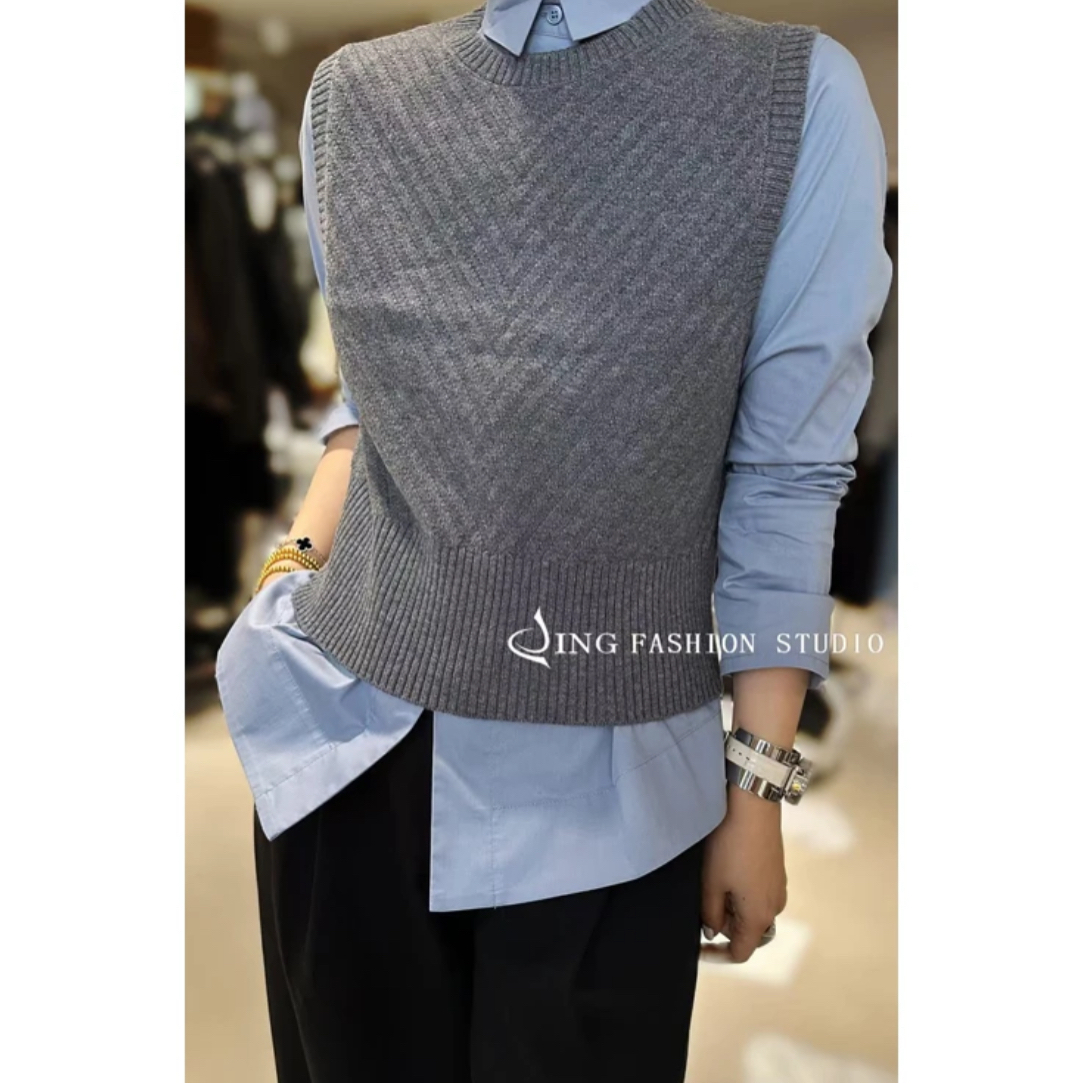 JING时尚百搭羊毛背心马甲圆领宽松针织网红休闲秋冬ins常规通用