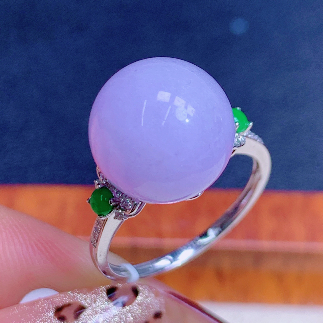 天然缅甸A货翡翠18k金镶浓紫罗兰特色圆珠单珠戒指j珠径卡11.6mm