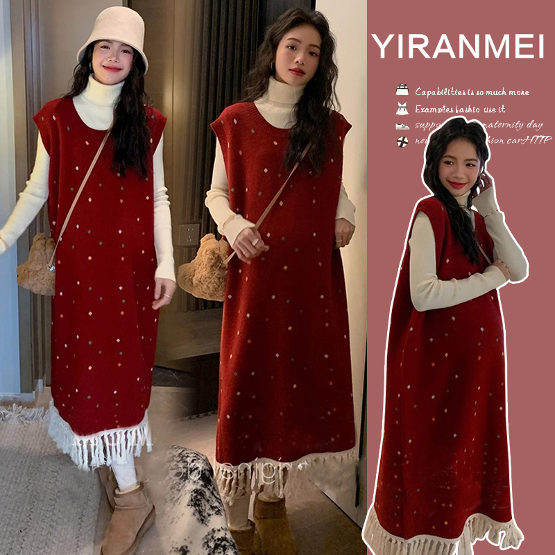 孕妇装秋冬装套装森系针织波点流苏甜美新年圣诞复古背心裙两件套