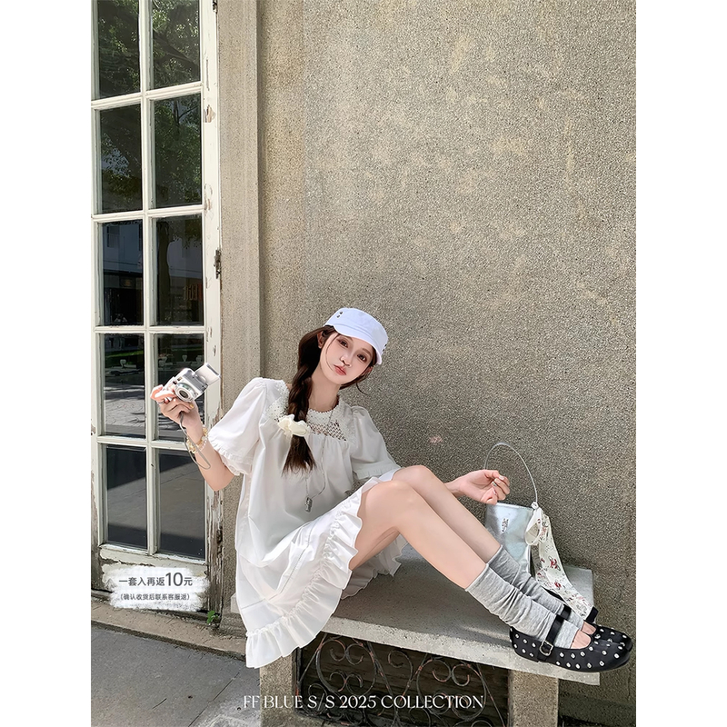 FF BLUE 仲夏小百合 法式初恋风泡泡袖镂空短袖衬衫花边半裙套装