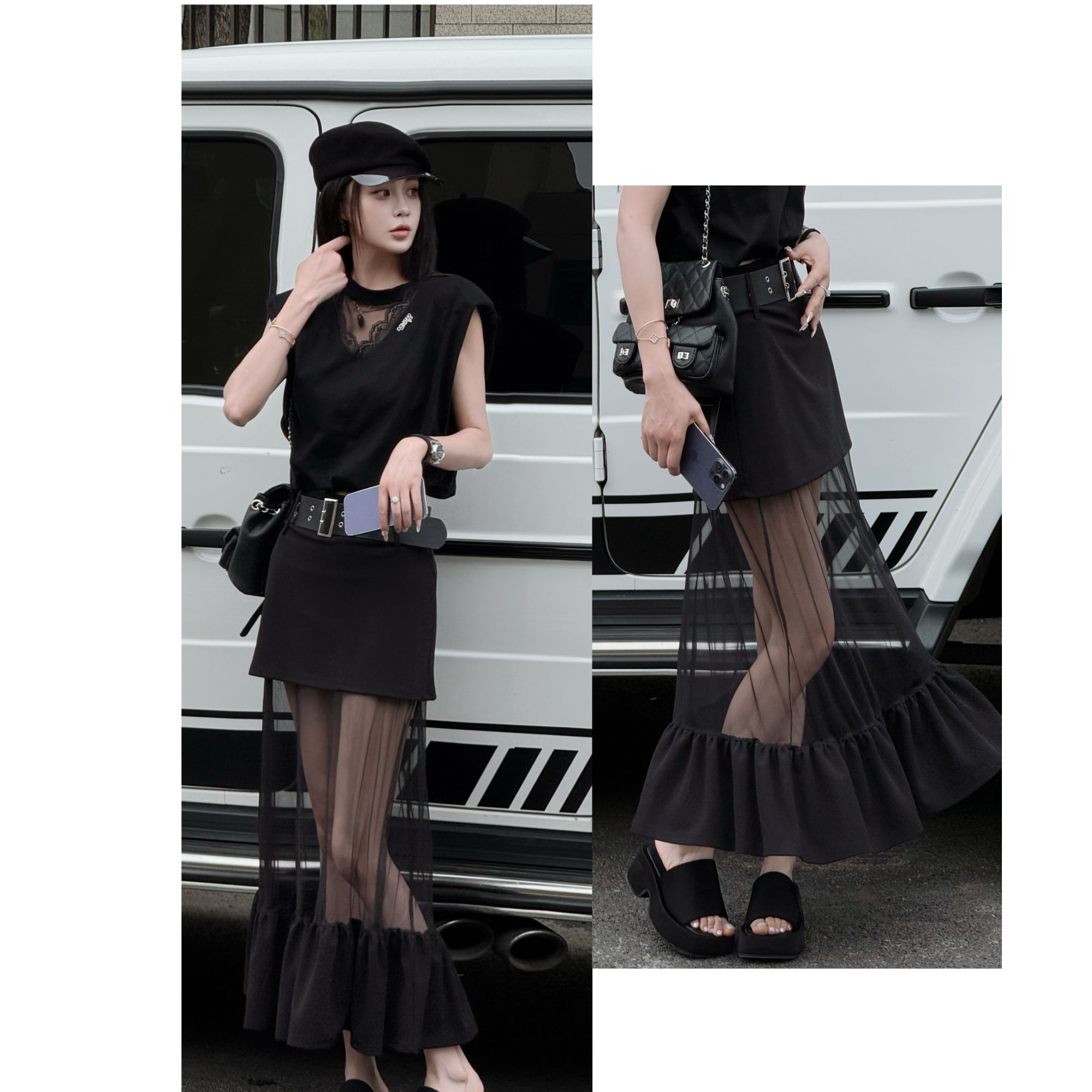 1QZ71依美丁时尚网纱拼接设计气质宽腰带半长裙