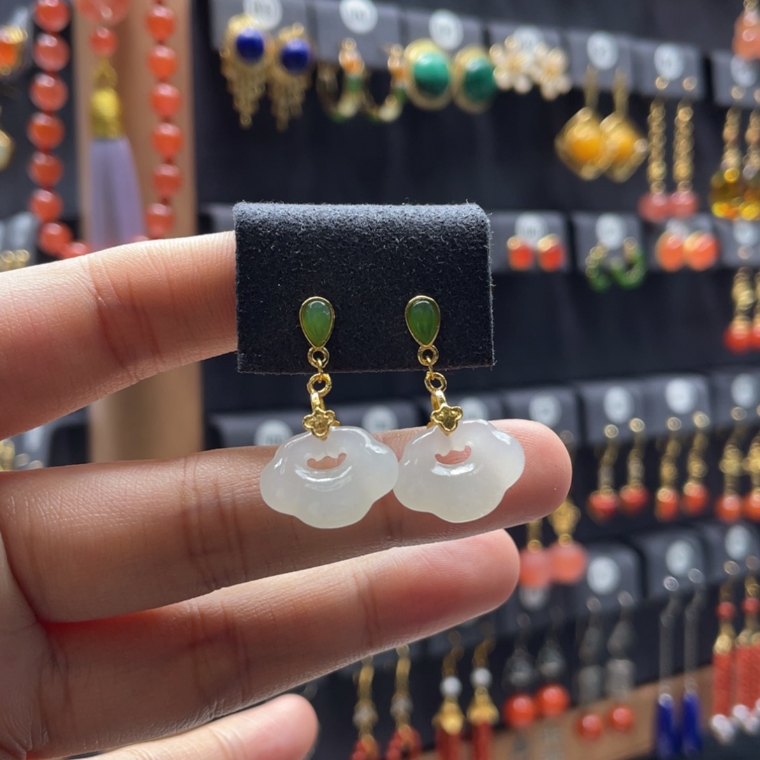 和田玉银S925镶嵌耳饰521号