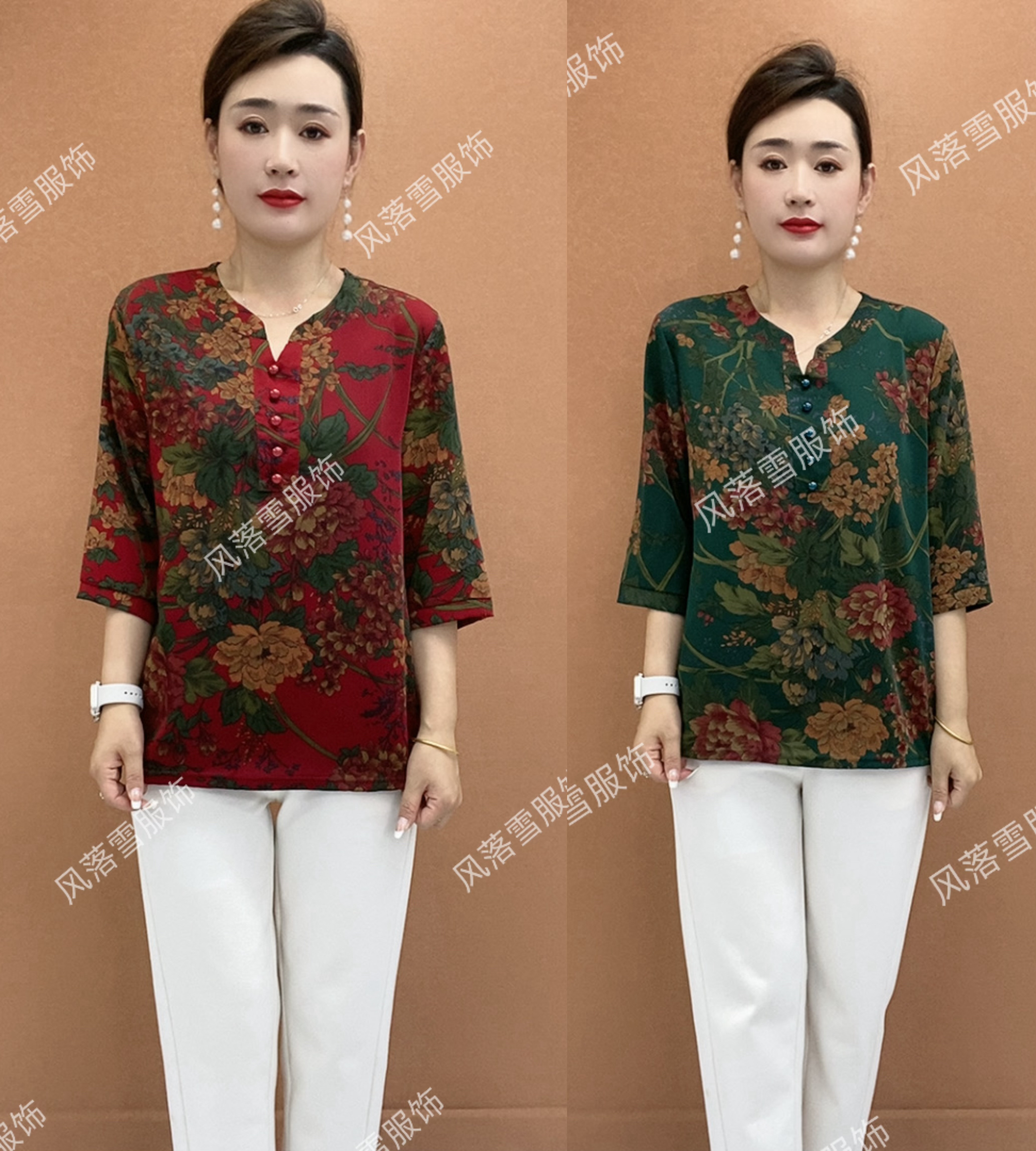 秋款精品时尚妈妈装中袖休闲宽松中老年减龄百搭显瘦牡丹花小衫