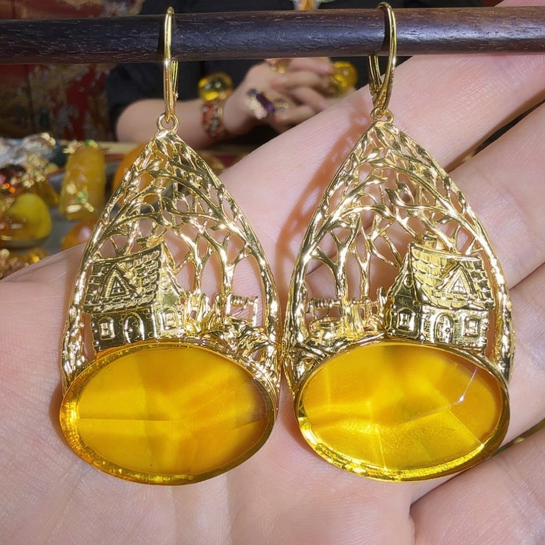 琥珀银S925镀金镶嵌耳环