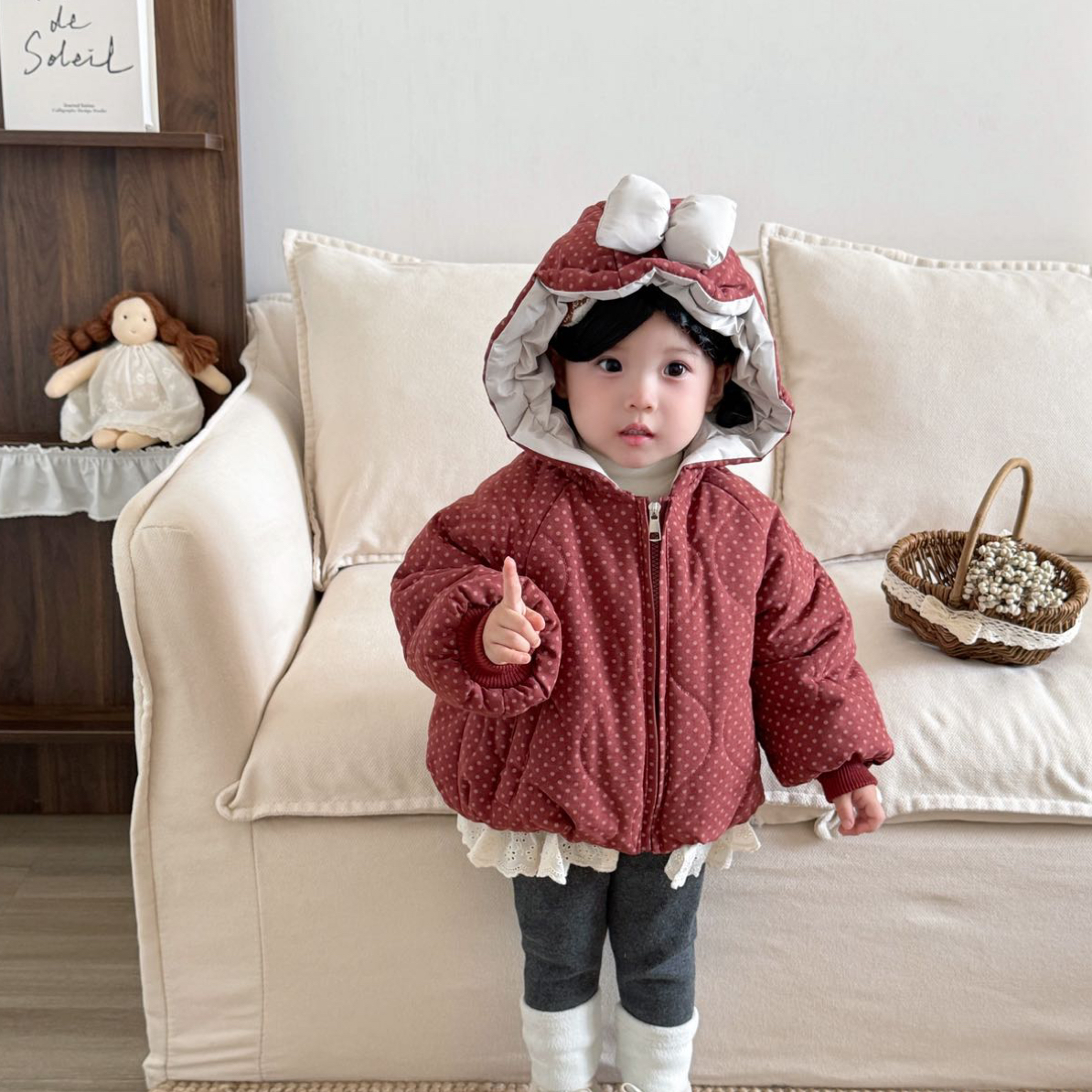 【现货当天发】波点布布！韩版连帽蝴蝶结棉服宝宝加厚冬季一件过冬
