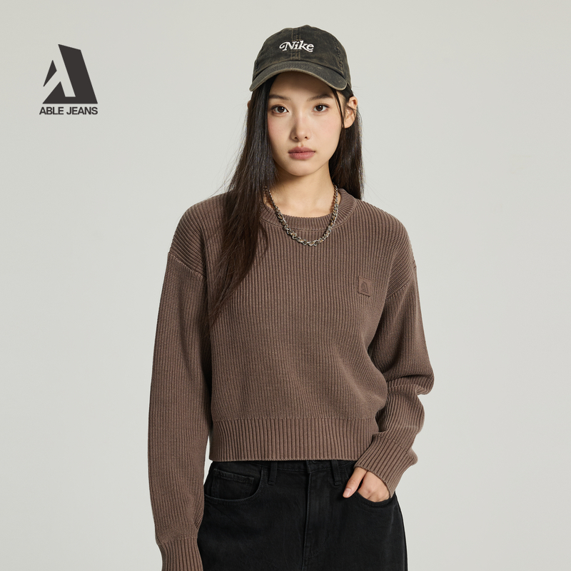 ABLE JEANS25冬季新款女士宽松短款圆领水洗毛衣