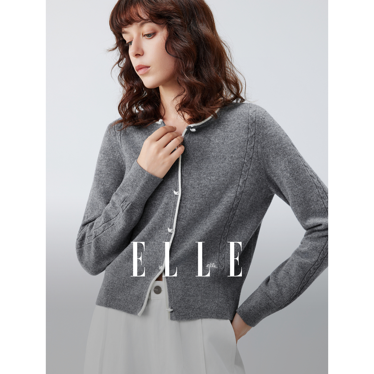 ELLE绞花针织开衫披肩两件套女2025秋季新款绵羊毛毛衣EM52863