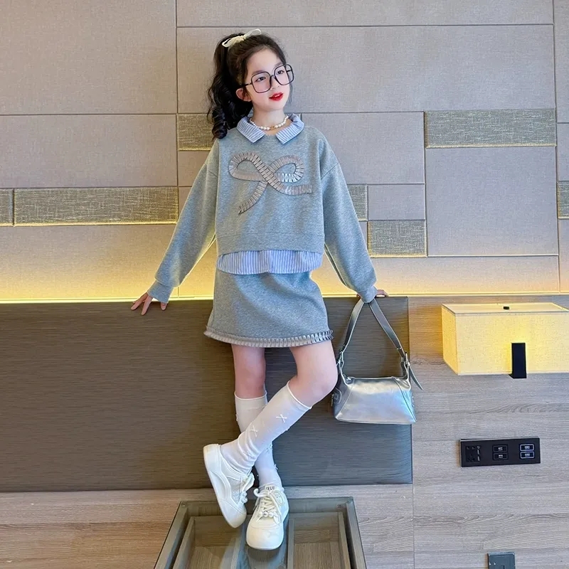 女童春装卫衣套装裙洋气新款拼接长袖半身裙女孩韩版两件套裙子