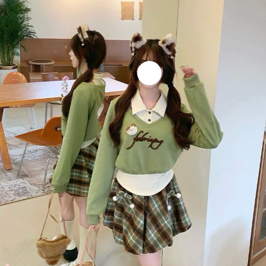 【在仓+运费险】【抹茶可颂】抹茶绿色假两件针织上衣女秋冬露肩套装