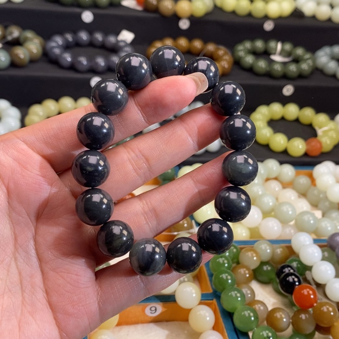 和田玉手链 14MM未镶嵌青花