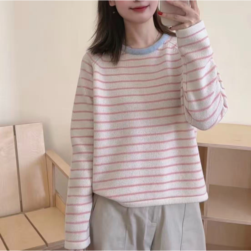 韩系冬款甜美气质减龄条纹设计显瘦长袖百搭毛衣女6811