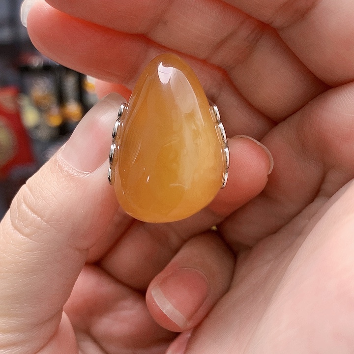 琥珀裸石银S925镶嵌戒指