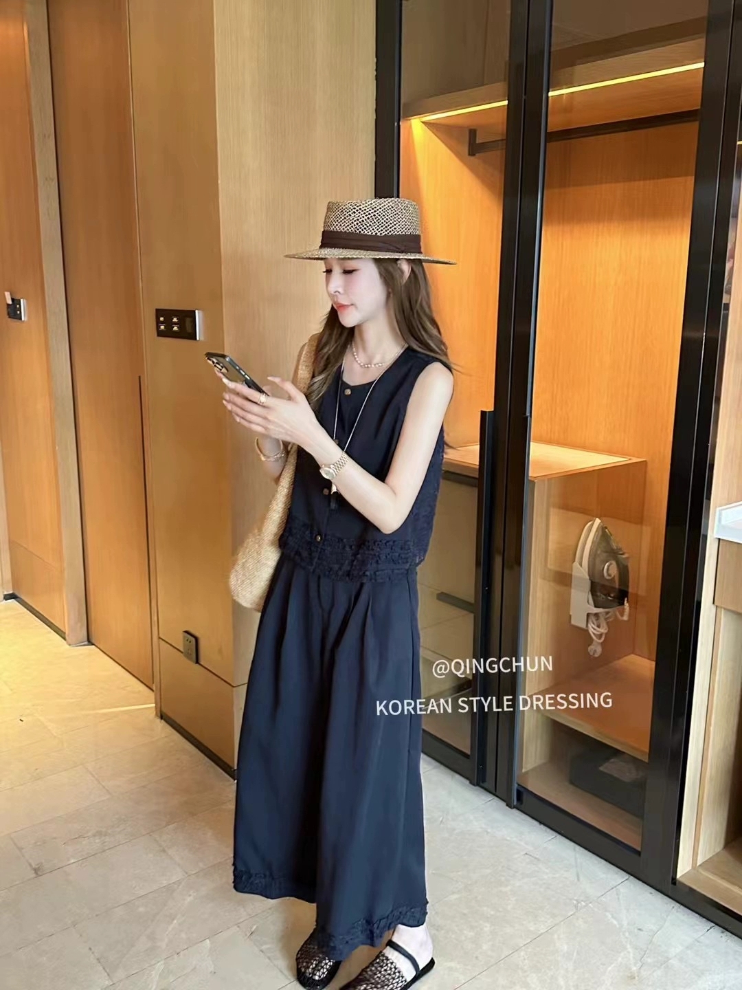 新款休闲无袖上衣背心女上衣+通勤高腰阔腿裤9分裤两件套BD120