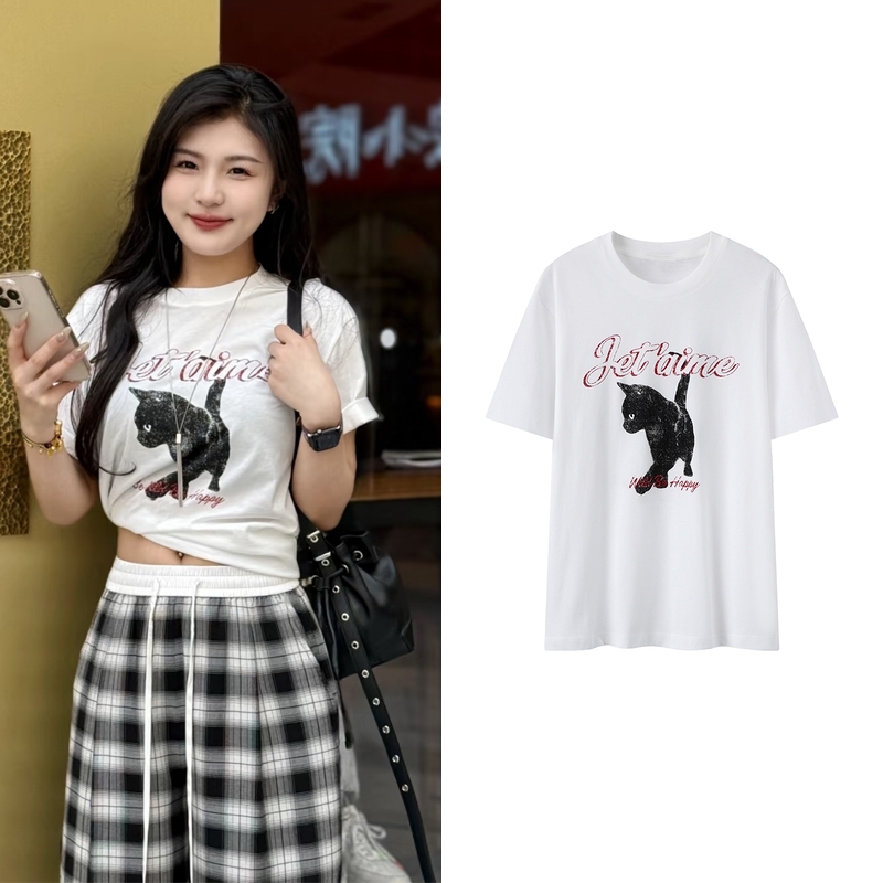 【T恤】2025夏新品斑驳猫咪印花圆领白色宽松棉质短袖K6138