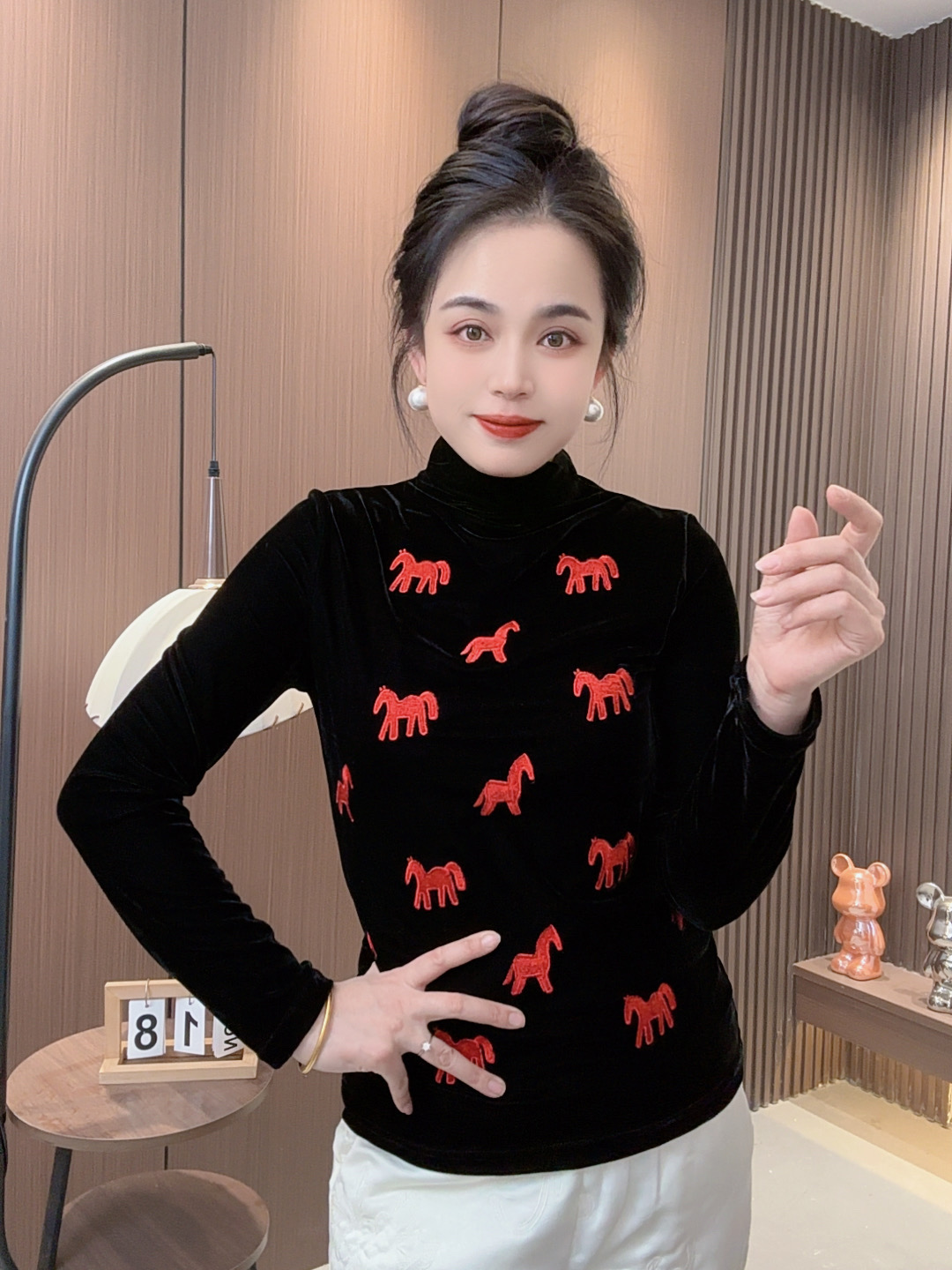 2026新年款本命年刺绣打底衫丝绒高领衫3731