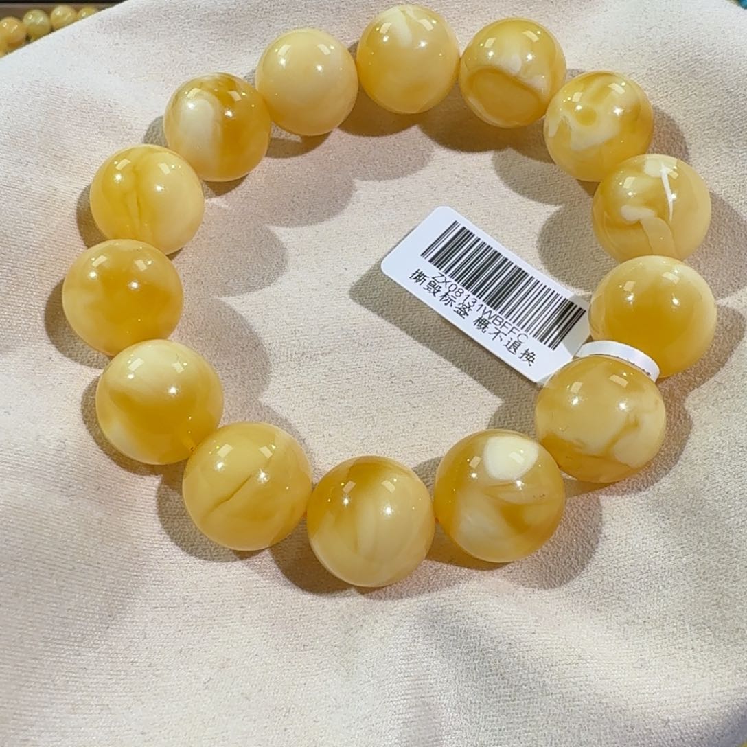琥珀手链未镶嵌15.5m+妖白花蜡圆珠手串31克