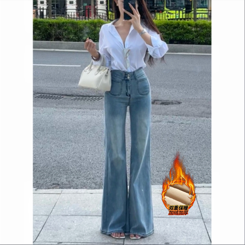 加绒高腰百搭微喇牛仔裤女2025冬季新款小个子显瘦喇叭拖地长裤