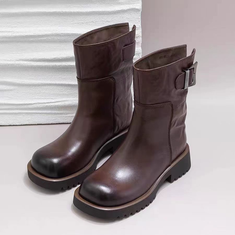 厚底加绒真皮马丁靴女款英伦风方头皮带扣直筒靴中筒靴6853-5