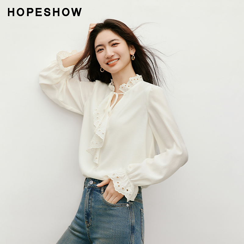 红袖2025秋新款女装 刺绣木耳边荷叶边系带喇叭袖上衣90125270307