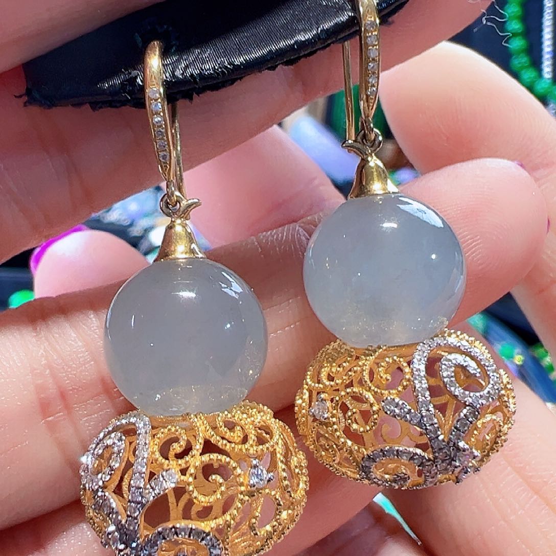 翡翠耳饰18K金镶嵌签收后24鉴赏期