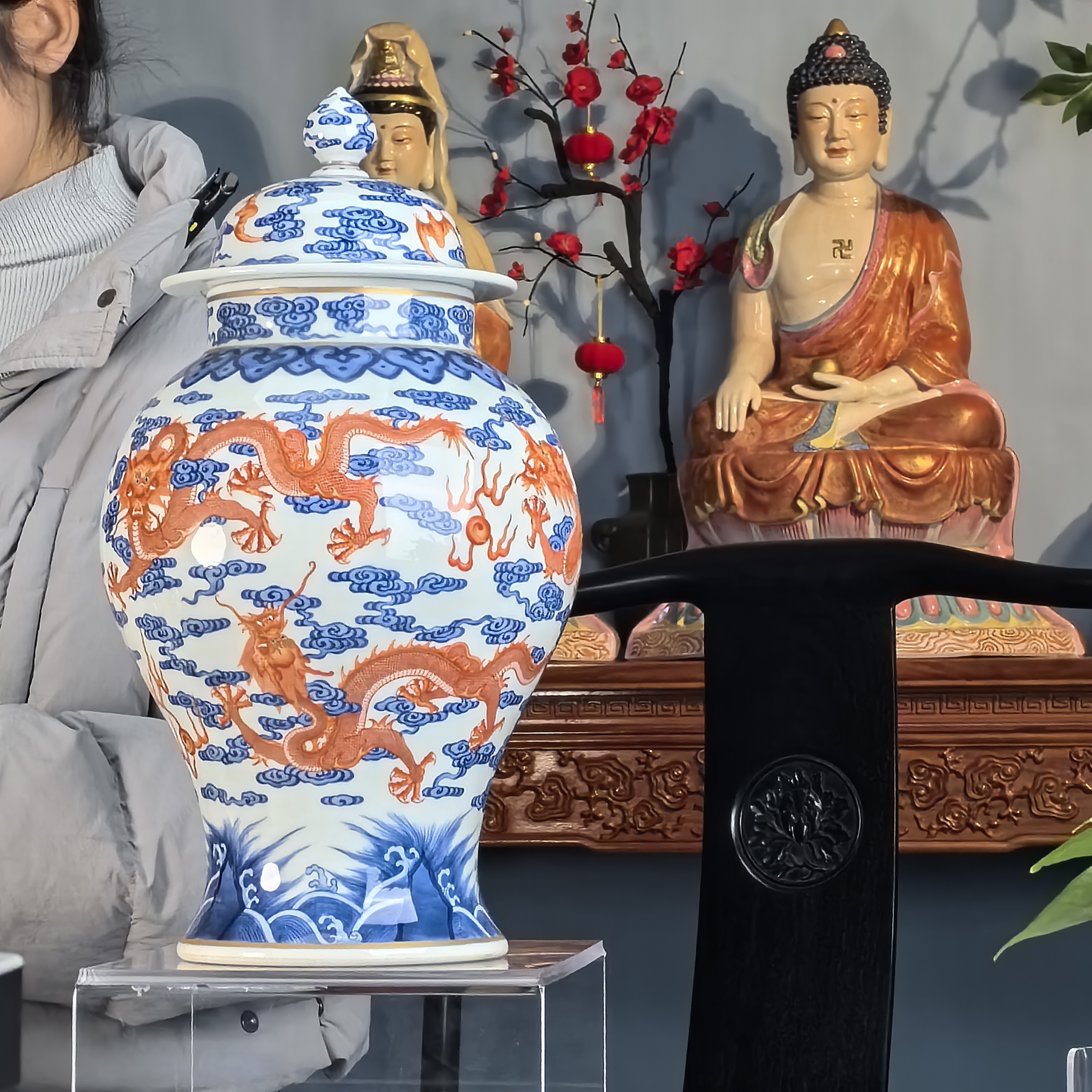 清 青花矾红祥云龙纹将军罐