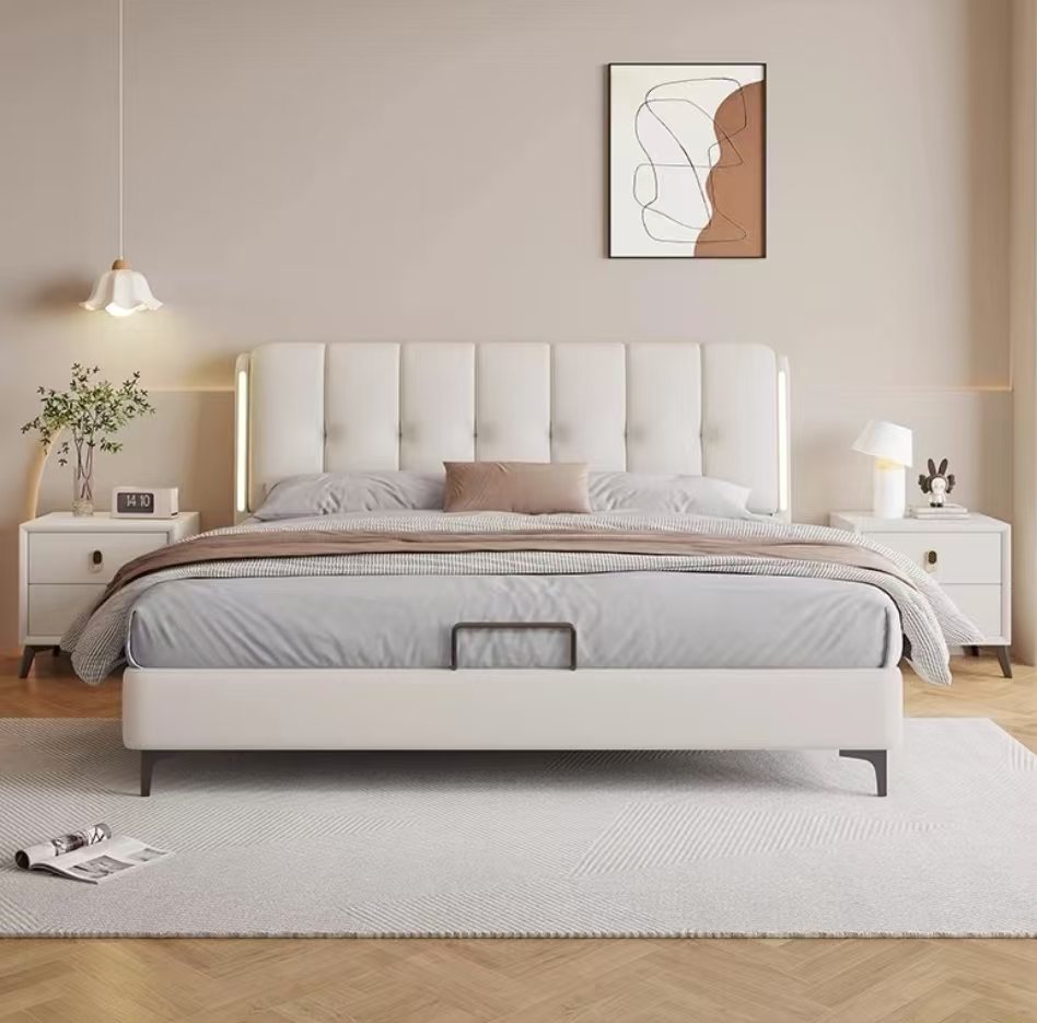 头层牛皮意式轻奢床主卧大小户型双人床1米8婚床现代简约储物皮床