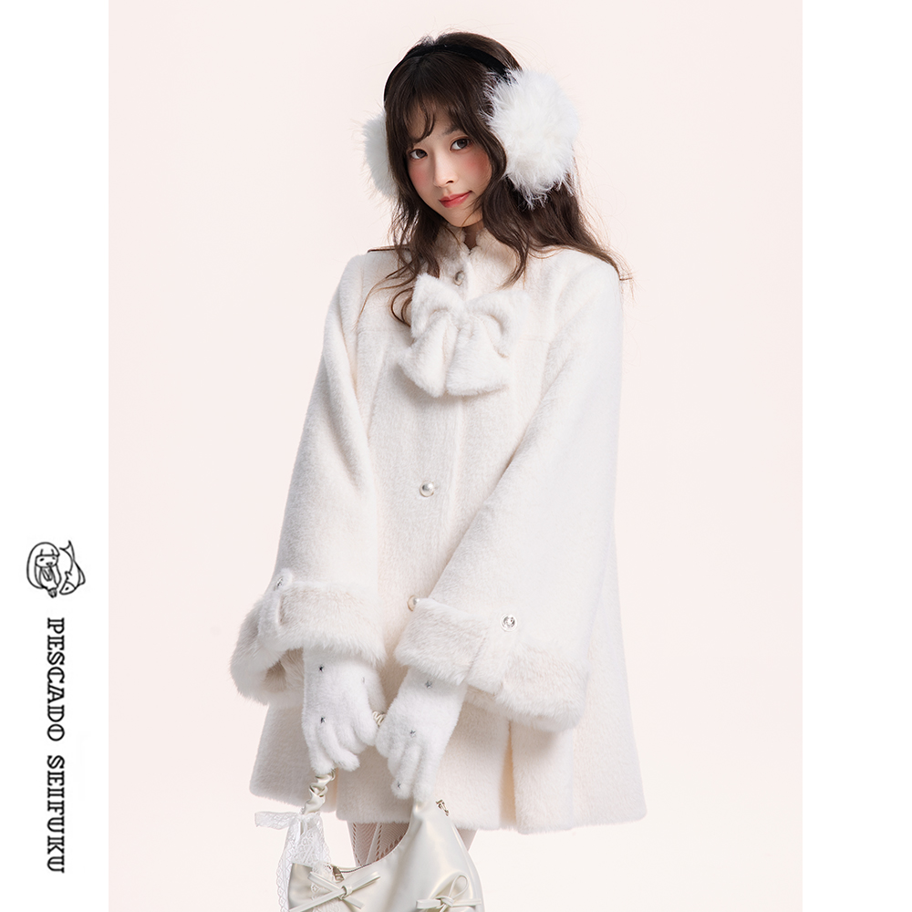 [山茶雪信]千金感白色大衣女秋冬毛呢外套