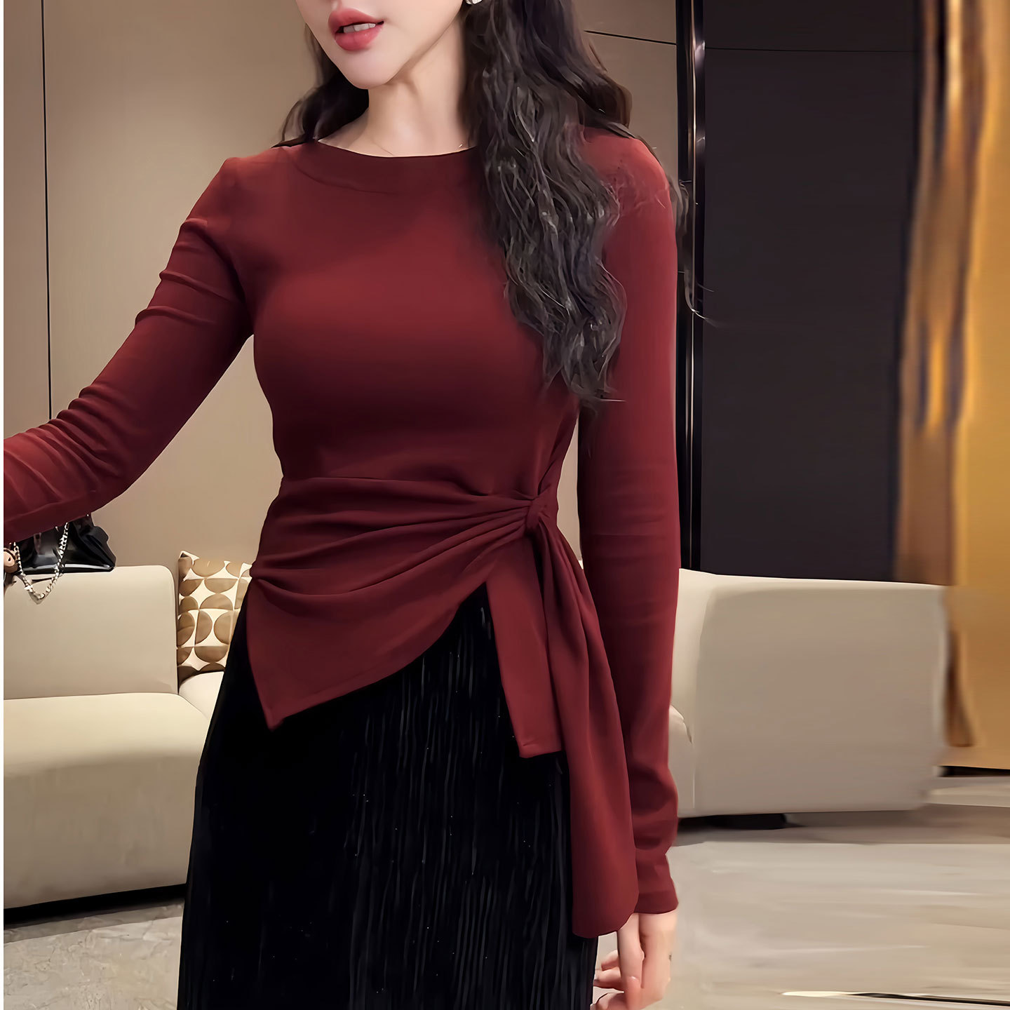 早秋韩系设计感绑带收腰百搭显瘦长袖t恤女纯色上衣韩系不规则ins
