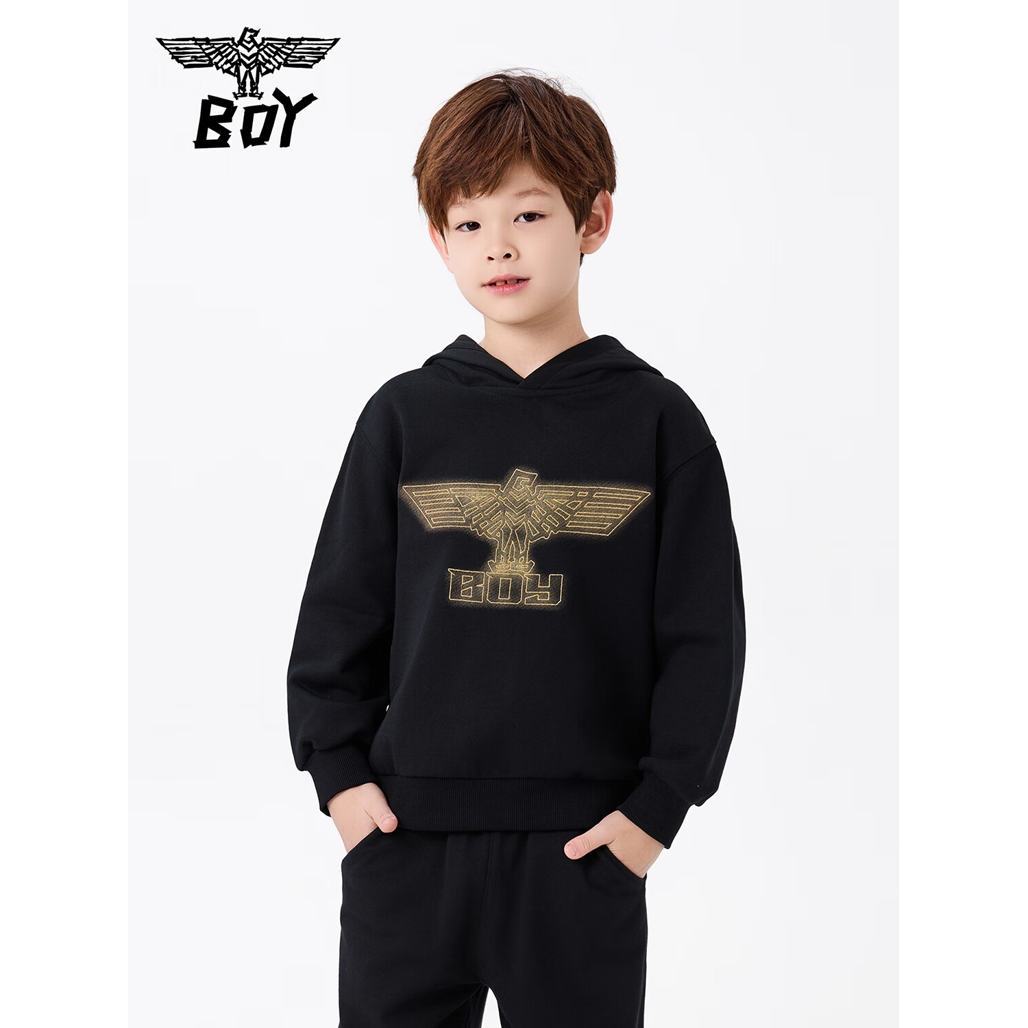 BOY JUNIOR男童连帽卫衣长袖秋装新款中大洋气上衣潮童装 黑色 13