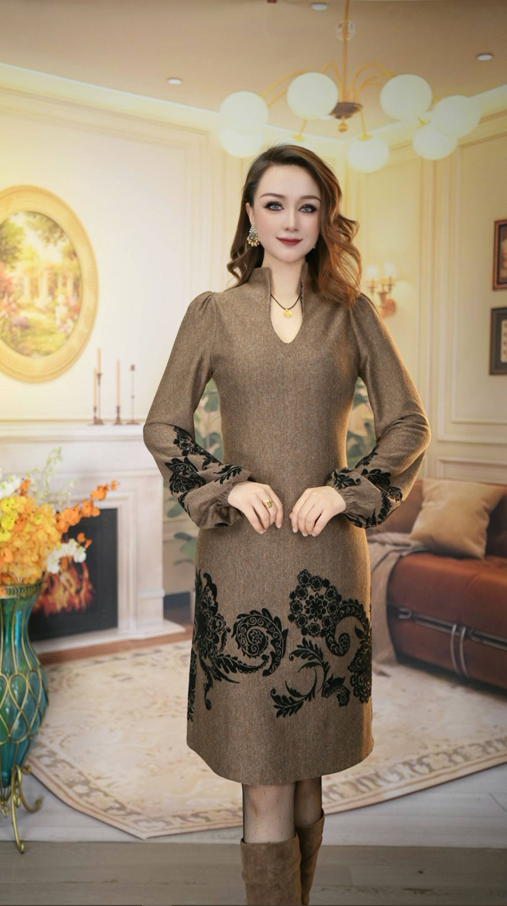 巴达木花纹灰色减年龄显瘦短款连衣裙