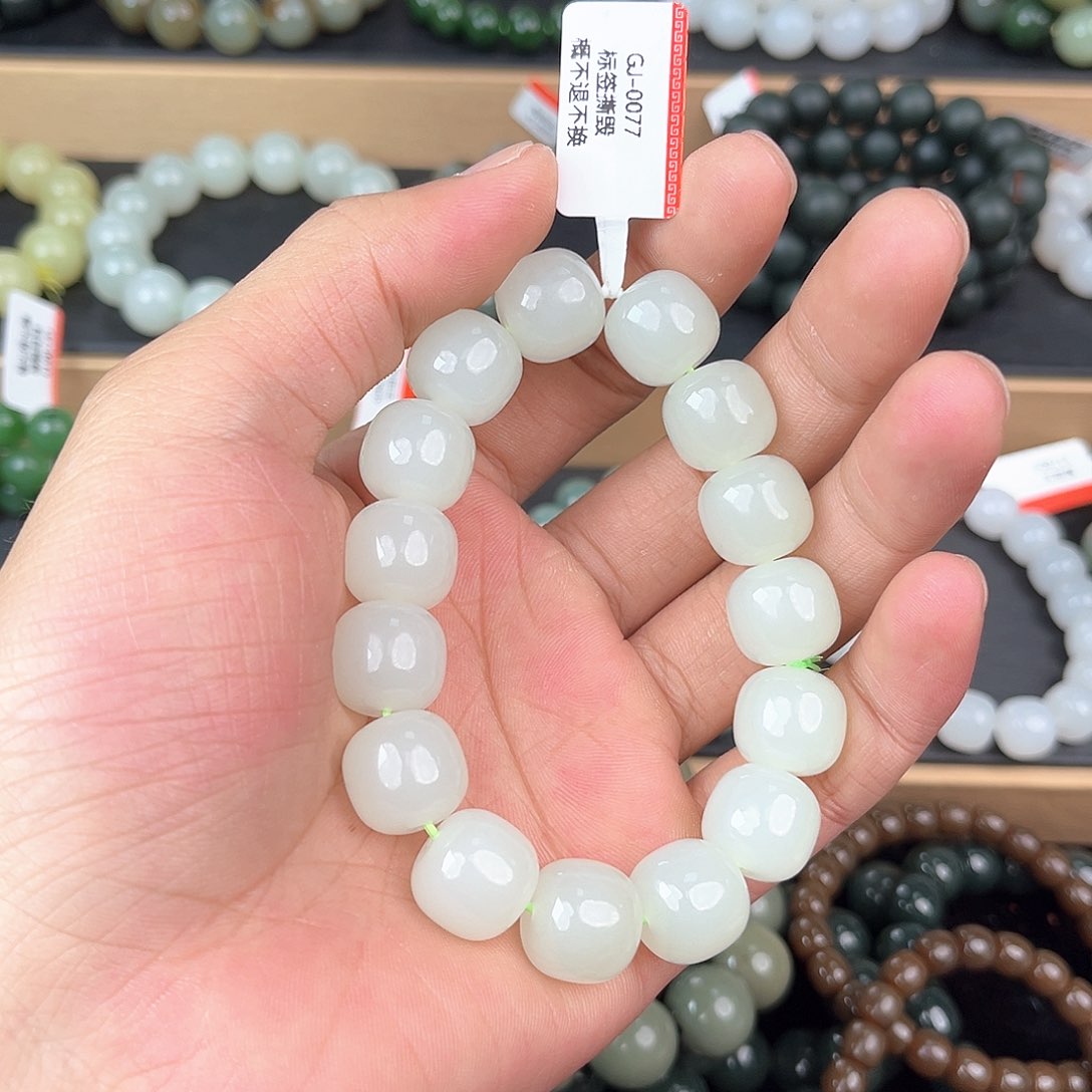 和田玉手串未镶嵌飞*纯天然新疆和田玉且末高青白14mm