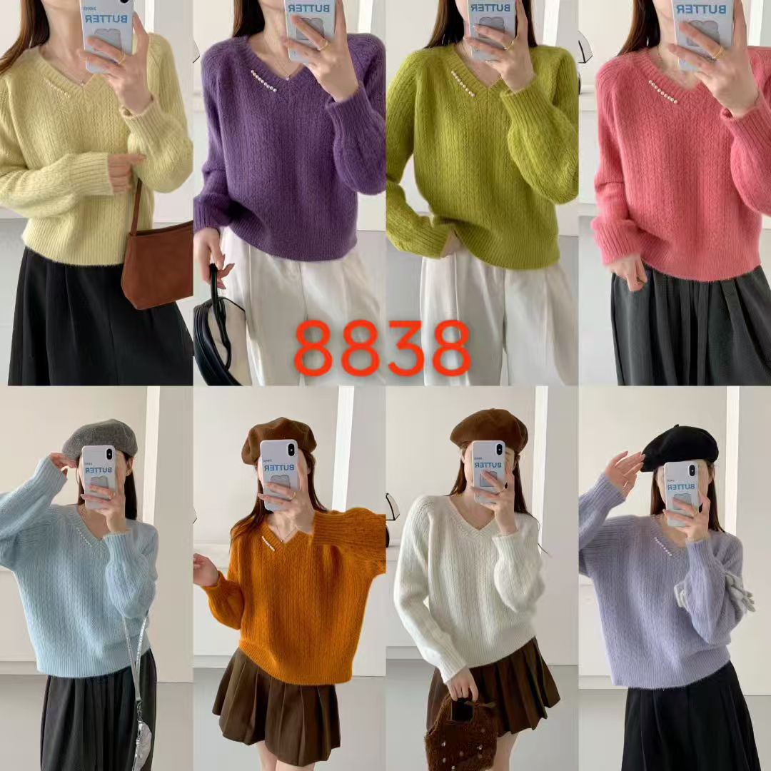 三七8838#珍珠v领水貂绒毛衣