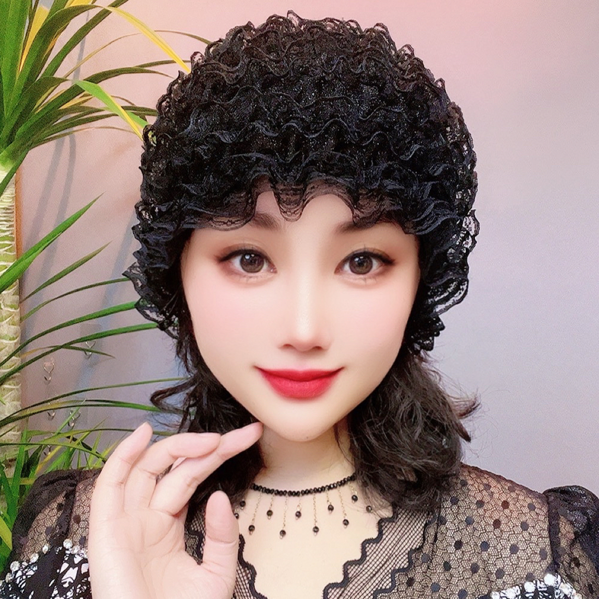 遮盖白发包头帽加绒女士蕾丝花边网纱帽四季通用时尚百搭针织镂空