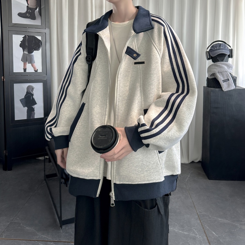 三条杠翻领卫衣男秋季新款宽松休闲运动外套潮牌大码拉链开衫上衣