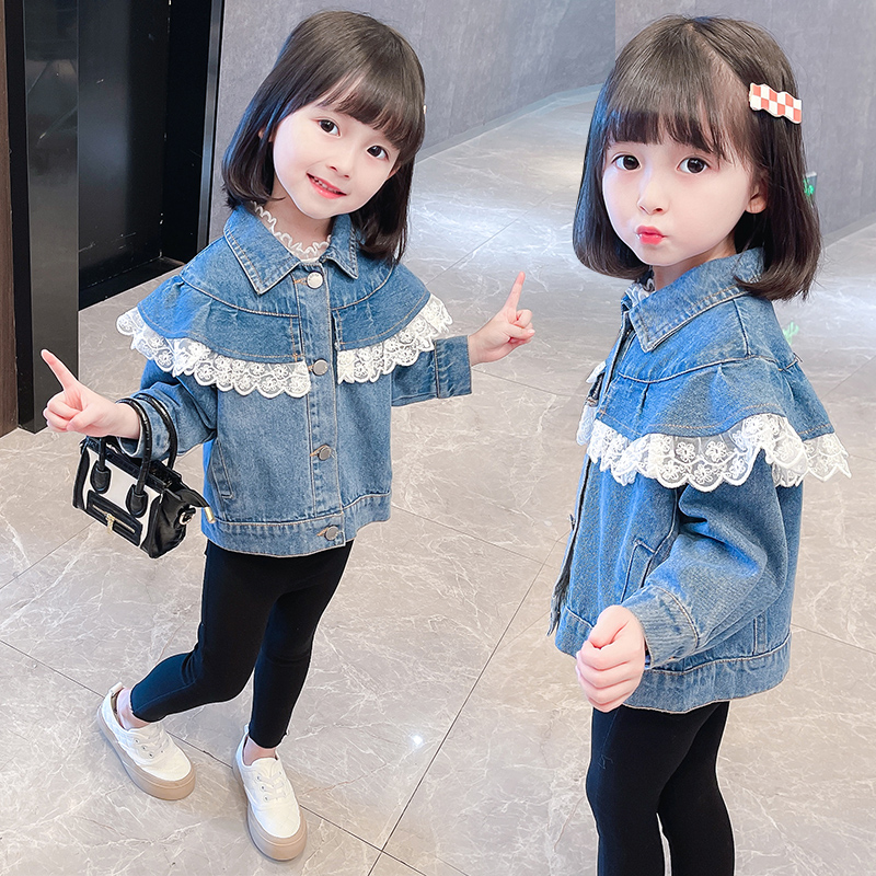 女童外套秋装2025新款洋气蕾丝花边领儿童牛仔衣小童春秋宝宝上衣