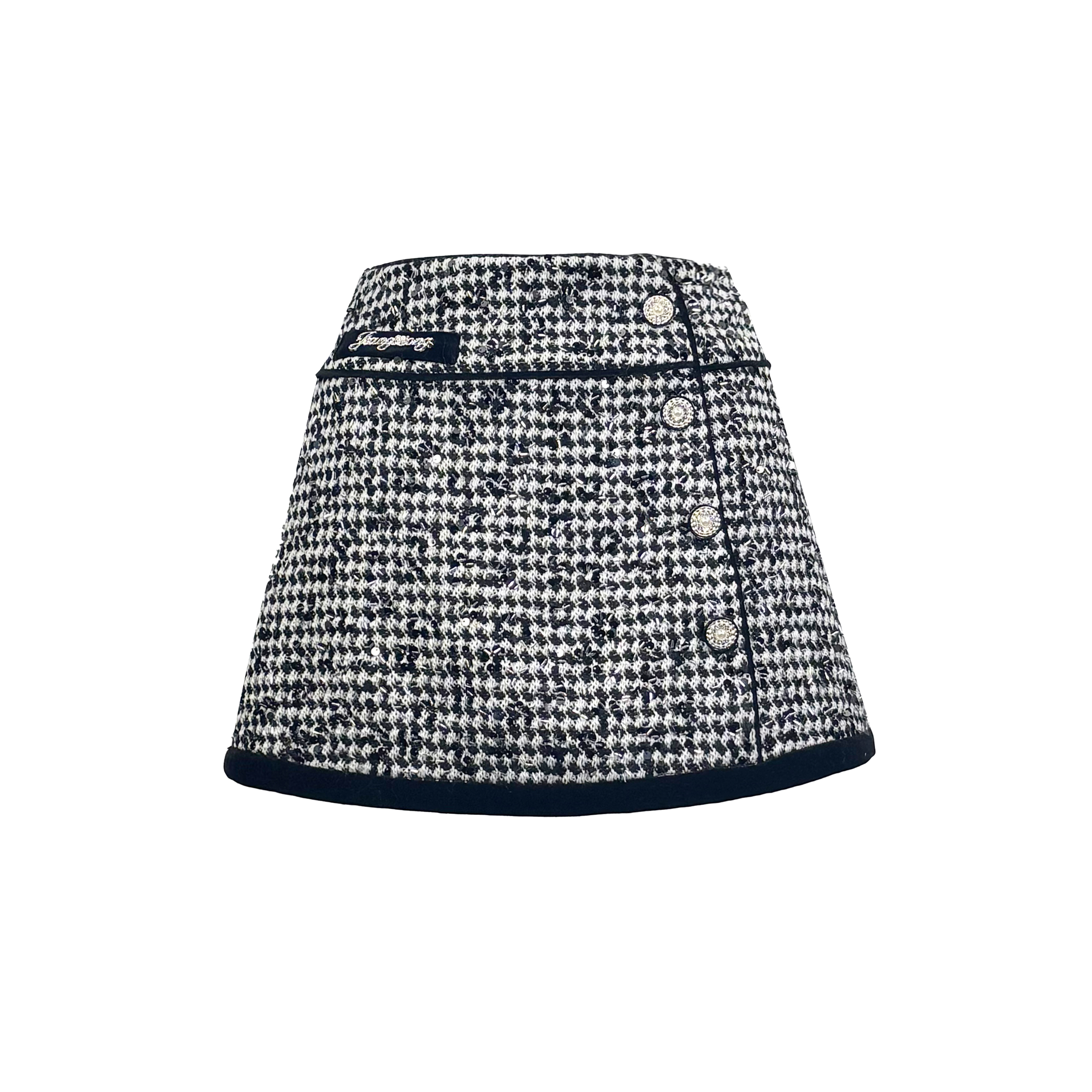 姜穹JIANGQIONG 2025秋冬新款珠花亮片气质黑白千鸟格A型裙女