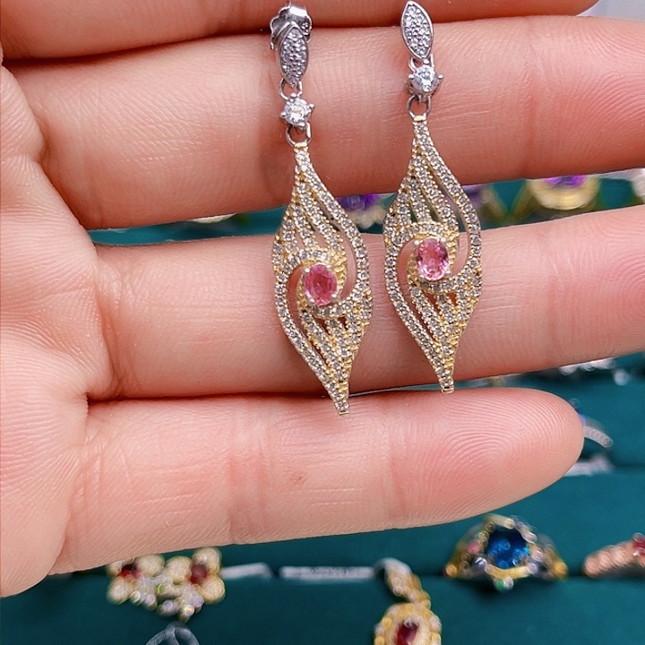 蓝宝石耳饰银S925镶嵌成品