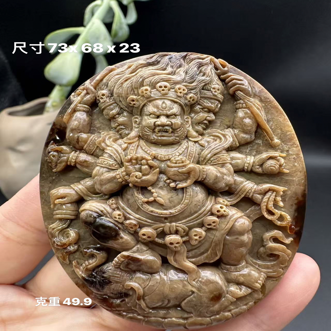 缅甸天然琥珀大师工雕刻根蜡六臂大黑天挂件吊坠