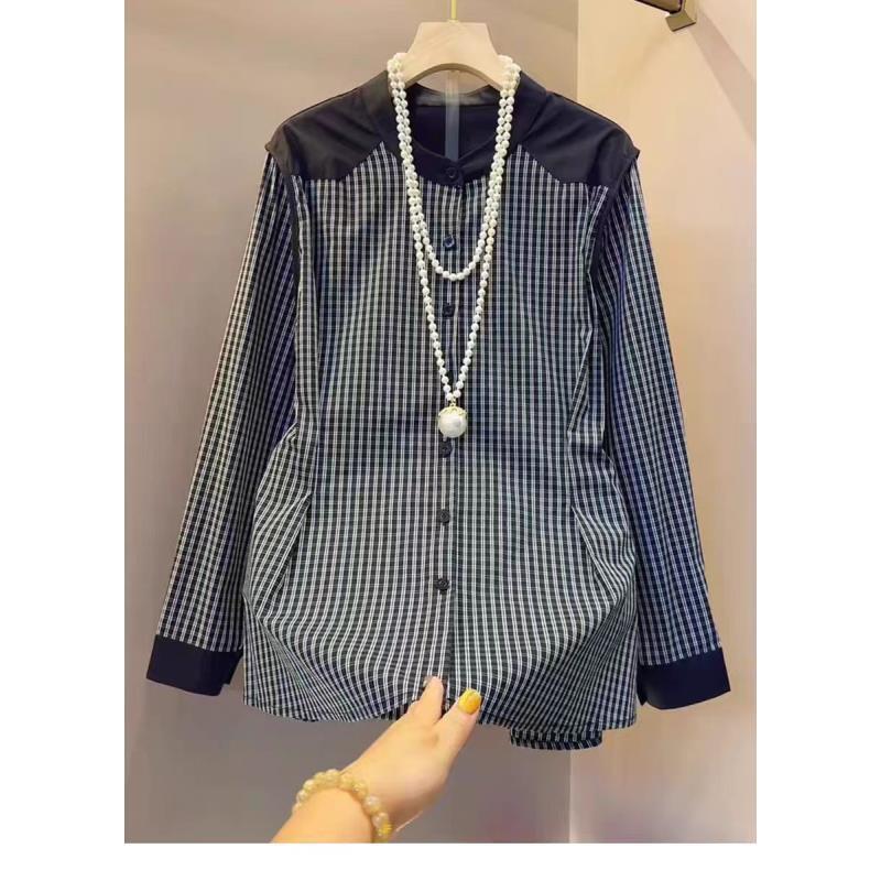 大码女装长袖衬衫女秋冬收腰减龄显瘦修身设计感撞色拼接开衫上衣