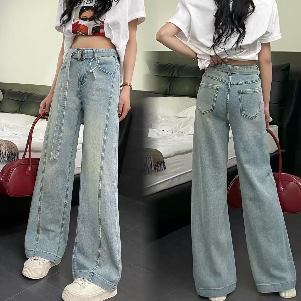 高腰长裤喇叭裤常规微弹力阔腿裤牛仔裤宽松百搭直筒时尚裤子显瘦