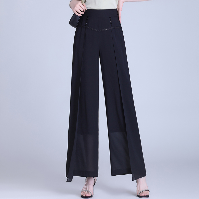 夏季薄款高腰阔腿长裤不规则雪纺中年妈妈装女裤休闲裤显瘦直筒裤