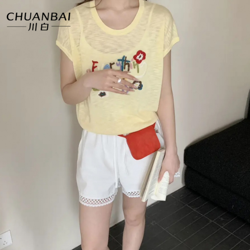 CHUANBAI 川白夏季再生纤维圆领刺绣字母绣花图案短袖薄款百搭