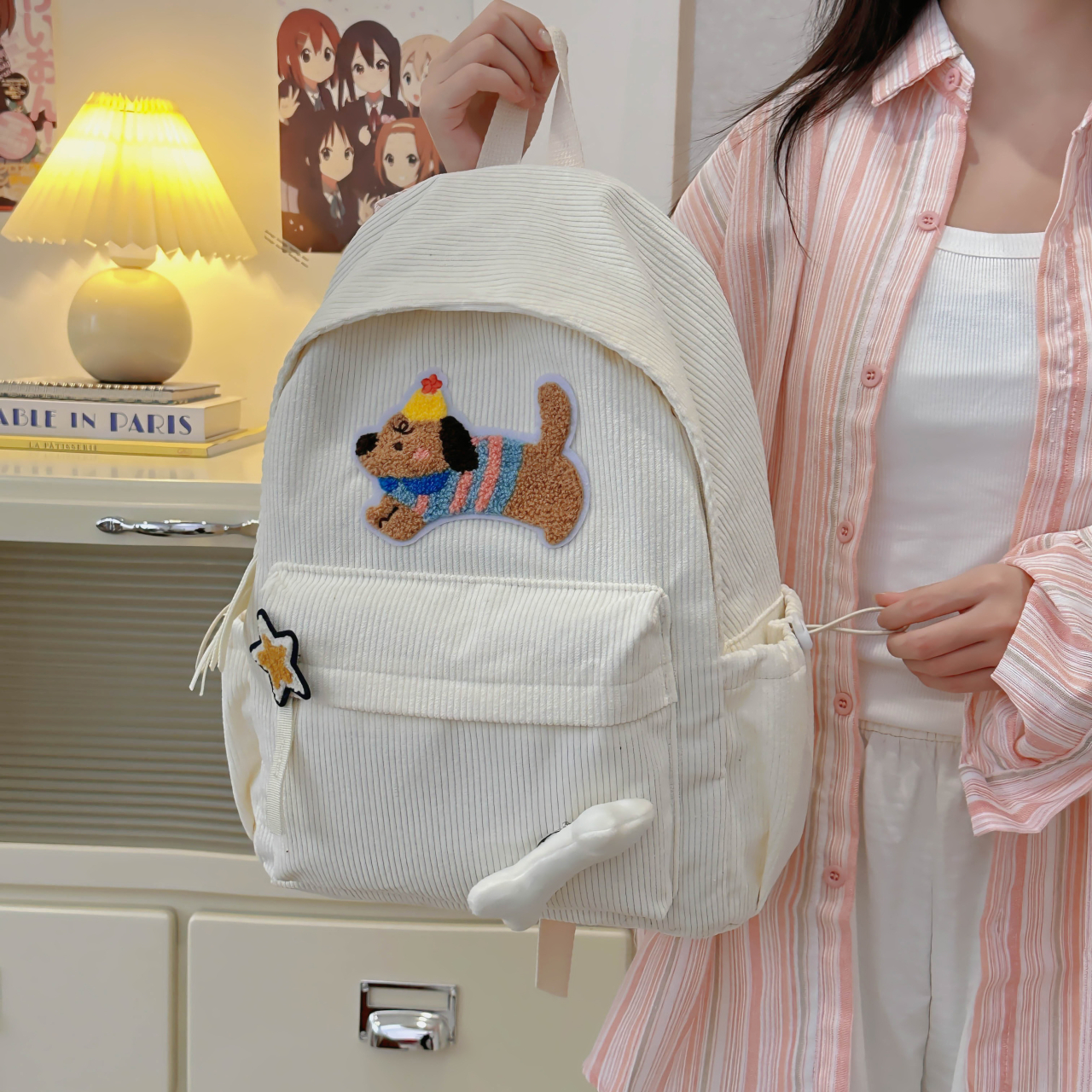 卡通拉链学院风女防盗初中狗双根双肩包女书包通用森系高中生