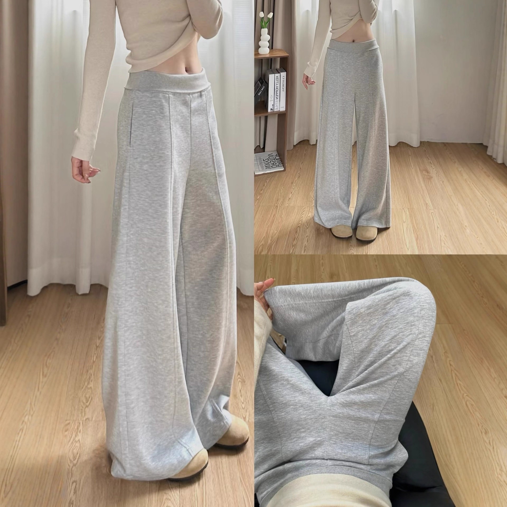 灰色美式运动裤女秋冬季2025新款小个子高腰休闲宽松显瘦阔腿卫裤