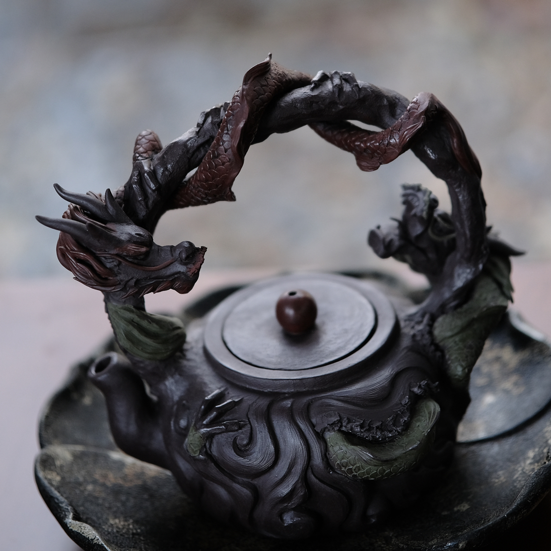 平萱斋原创重工紫砂手工双龙提梁 紫砂全手工