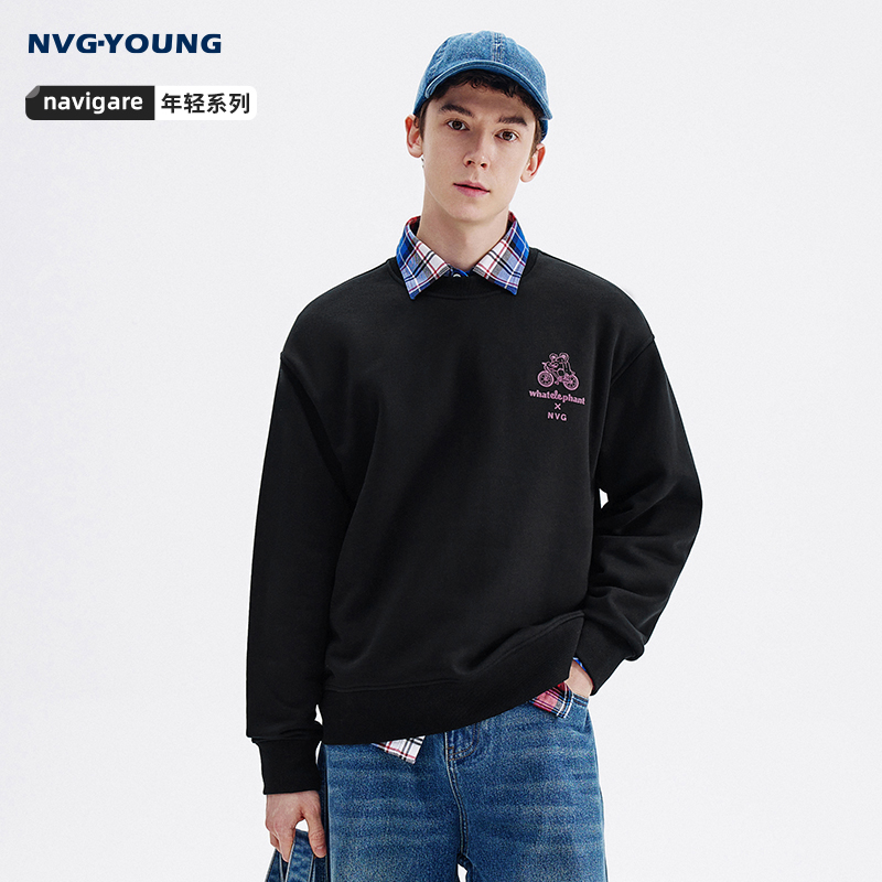 NVGYOUNG意大利小帆船加绒圆领卫衣男25秋季新款时尚弹力长袖T恤