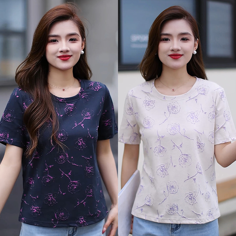 小高2025夏季新款玫瑰正肩短袖t恤女显瘦修身百搭休闲时尚上衣