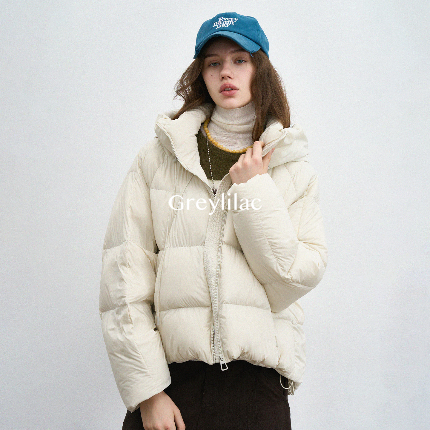 Greylilac 标准90白鸭绒短款羽绒服女抽绳设计感百搭连帽外套N017