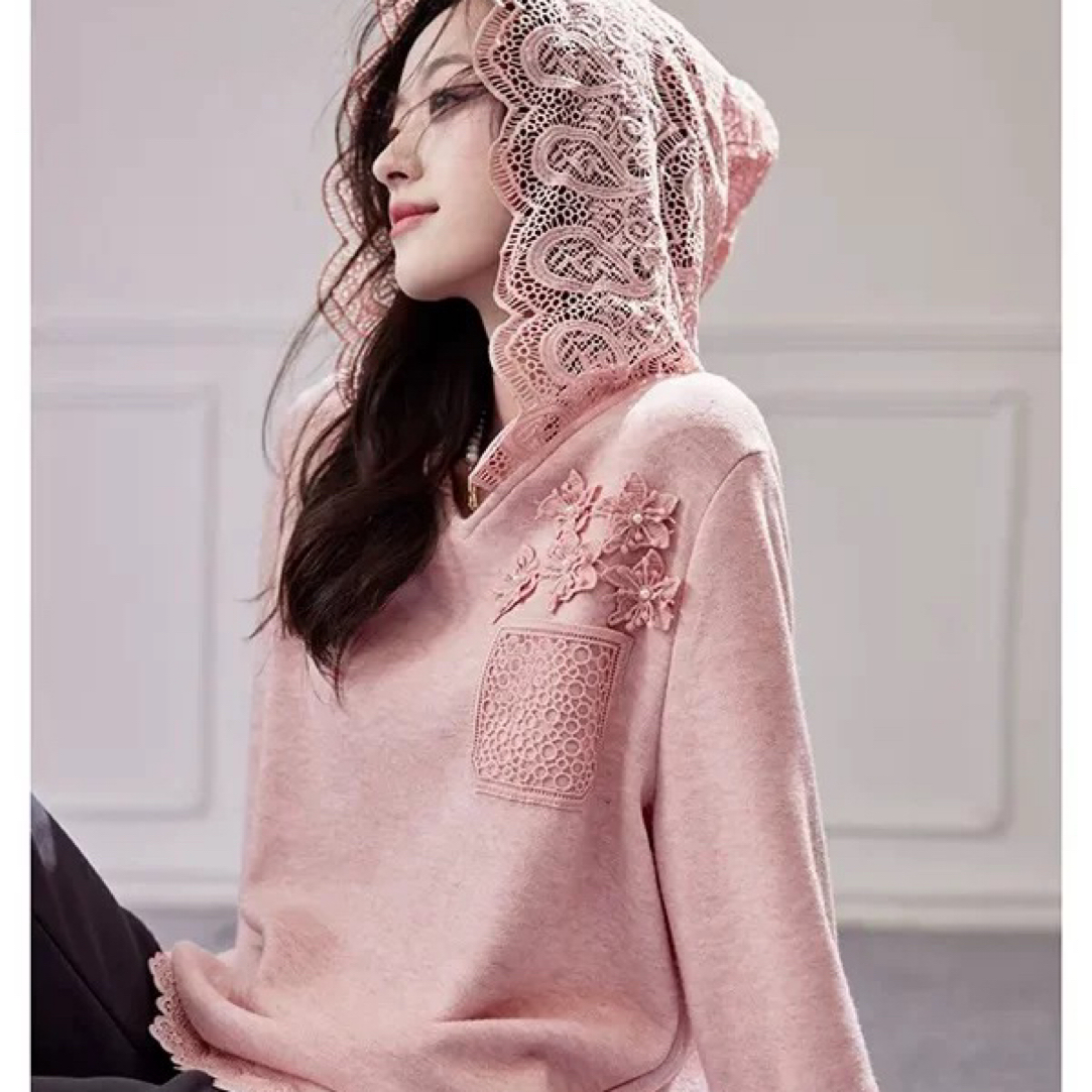 三姐家法式蕾丝花边连帽打底卫衣